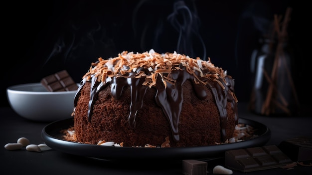 Köstlicher Schokoladenkuchen mit Kokosnuss-Kondensmilch-Füllsirup und cremigem Zuckerguss und zarten Dekorationen