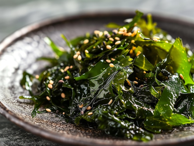 Foto köstlicher seetangsalat auf einem teller traditionelle küche japanische küche hintergrund mit bokeh