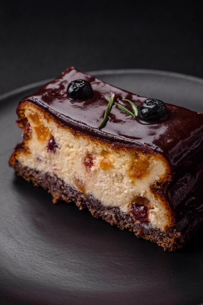 Köstlicher süßer Dessert-Käsekuchen mit kandierten Früchten in Schokolade