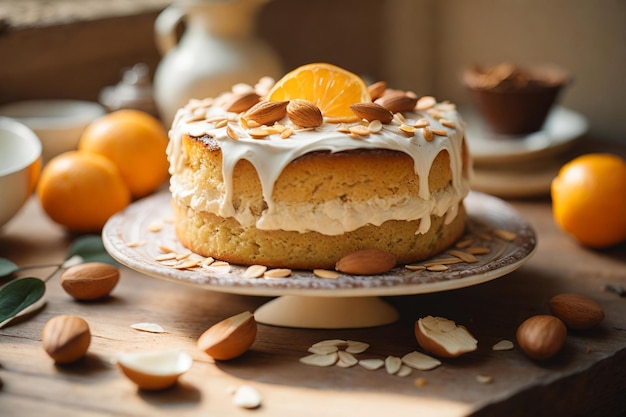 Köstlicher süßer Kuchen mit Orangen- und Mandelblättern auf einem grauen Holztisch
