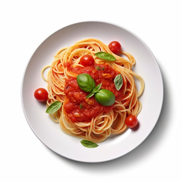 Köstlicher Teller Spaghetti mit Tomatensauce auf weißem Hintergrund Generative KI
