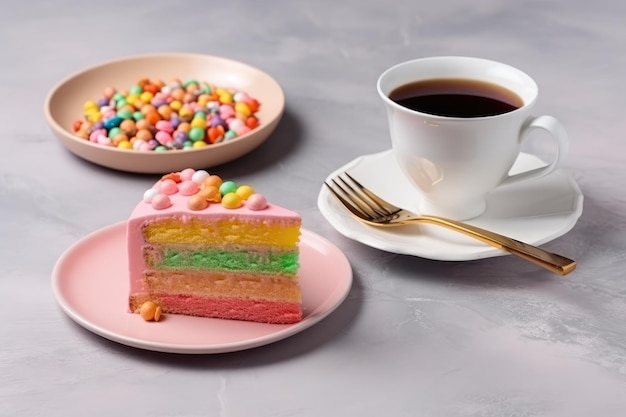 Köstlicher und schöner Kuchen mit Regenbogenfarben, serviert mit Tee oder Kaffee Generative AI