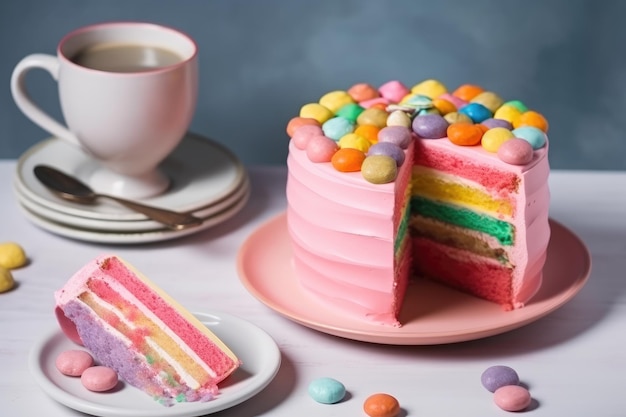 Köstlicher und schöner Kuchen mit Regenbogenfarben, serviert mit Tee oder Kaffee Generative AI