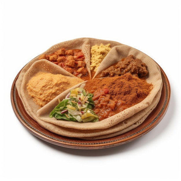 Köstliches äthiopisches Injera mit verschiedenen Eintöpfen auf einem Teller, perfekt für Restaurantmenüs und Food-Blogs. Generative KI