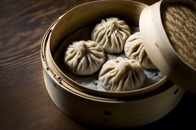 Köstliches Baozi, ein chinesisches gedämpftes Rindfleischbrötchen, wird auf einem Servierteller und in einem Dampfgarer zum Verzehr bereitgestellt