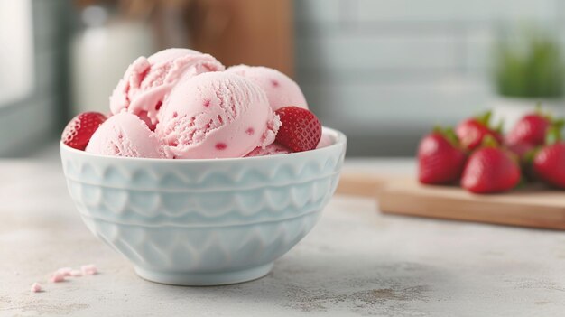 köstliches Erdbeer-Eis auf einem weißen Teller mit einer Beere