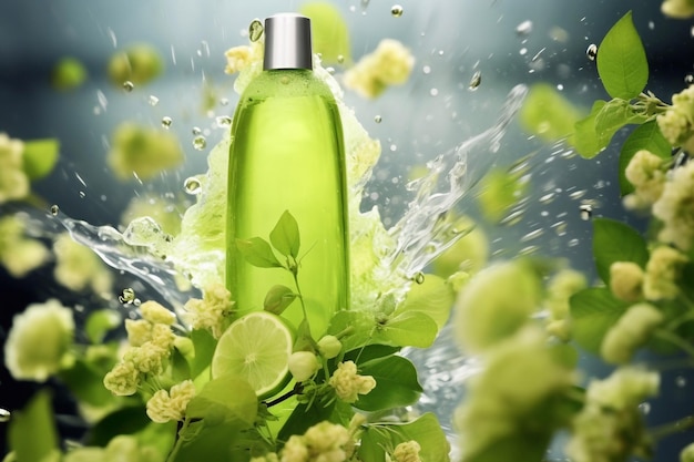 Köstliches erfrischendes Linden-Shampoo mit Tropfen auf dem Hintergrund Schönes Design der Werbung