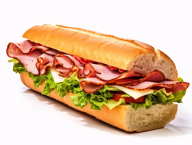 Köstliches Fleisch- und Salatsandwich auf einem sauberen weißen Hintergrund. Generative KI verbessert