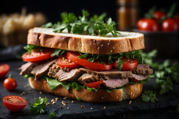 Köstliches Fleischsandwich mit grünen Tomaten auf dunkler Oberfläche, Nahaufnahme