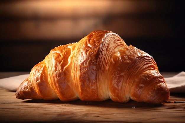 Köstliches französisches Croissant auf einem rustikalen Holztisch