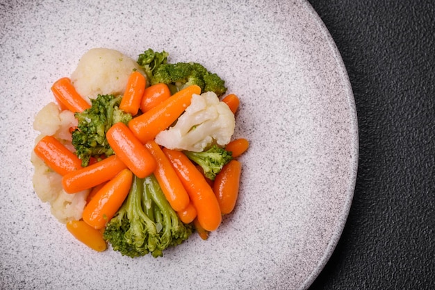 Köstliches frisches Gemüse, Brokkoli, Blumenkohl, Karotten, gedünstet mit Salz und Gewürzen