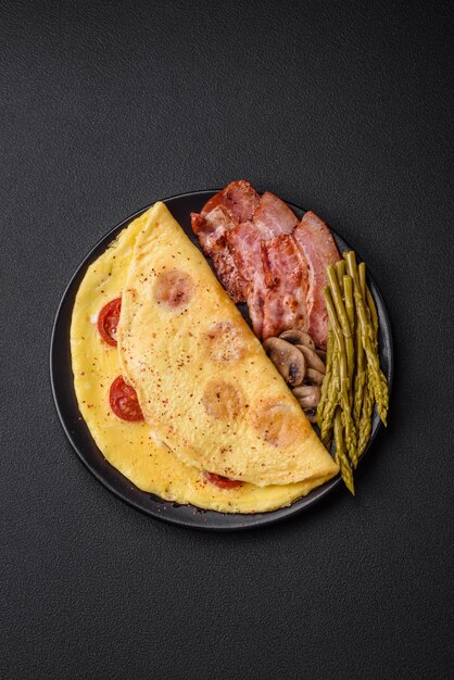 Köstliches frisches Omelett mit Cherry-Tomaten-Speck-Spargel und Gewürzen