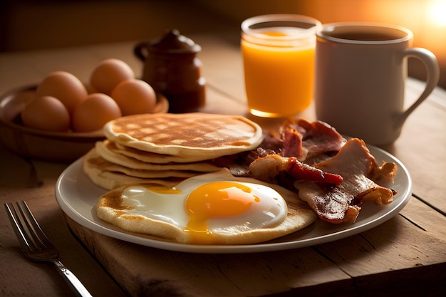 Köstliches Frühstück mit Eierpfannkuchen und Toast auf Holztisch am Morgen