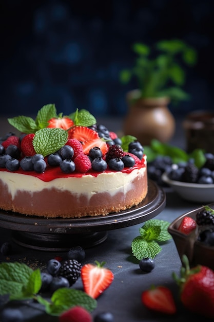 Köstliches gebackenes und dekoriertes Erdbeerkuchen-Essen in einer generativen Küche mit Tageslicht