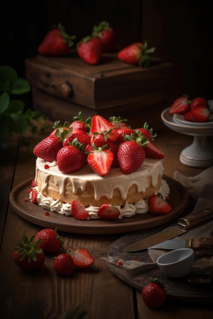 Köstliches gebackenes und dekoriertes Erdbeerkuchen-Essen in einer generativen Küche mit Tageslicht