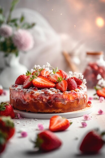 Köstliches gebackenes und dekoriertes Erdbeerkuchen-Essen in einer generativen Küche mit Tageslicht