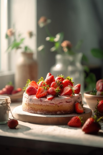 Köstliches gebackenes und dekoriertes Erdbeerkuchen-Essen in einer generativen Küche mit Tageslicht