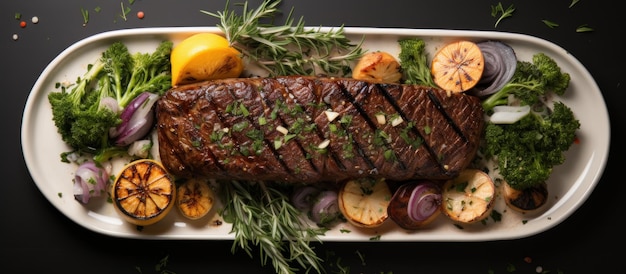 Köstliches gegrilltes Rindersteak mit Kräutern und Gemüse auf einem weißen Teller