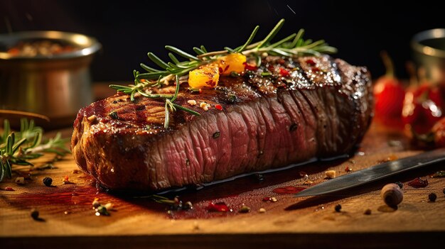 Foto köstliches gegrilltes rindfleischsteak mit tomatensauce und rosmarin. ki-generiertes bild