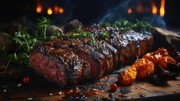 Köstliches gegrilltes Steak mit geschmolzener Barbecue-Sauce auf dem Tisch