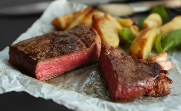 Köstliches geschnittenes Fleisch mit Sauce und Bratkartoffeln auf Lebensmittelpapier