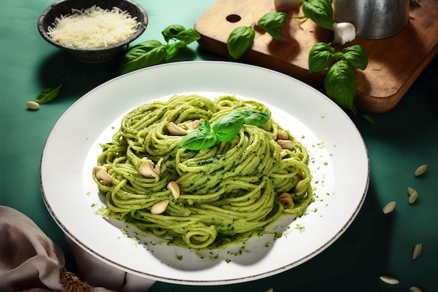 Köstliches grünes Nudelgericht mit Pesto-Sauce und frischen Kräutern