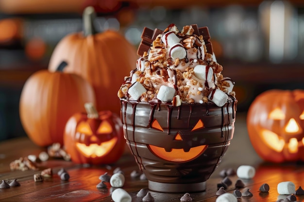 köstliches Halloween-Eis-Dessert in einer Schokoladen-Kürbis-Schüssel mit festlichen Dekorationen