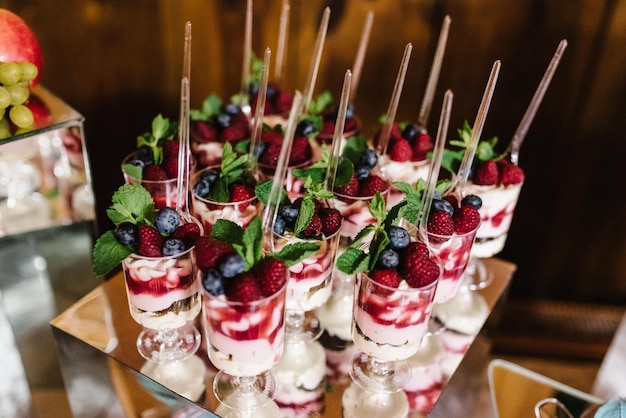 Köstliches italienisches Dessert Panna Cotta mit Beerensoße, frischen Beeren, Himbeere, Blaubeere und Minze auf dem Tisch