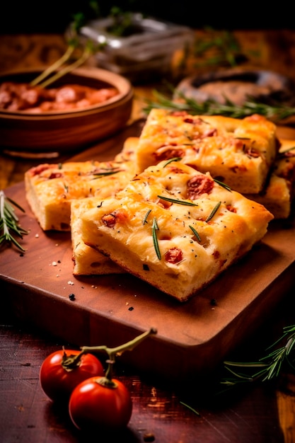 Köstliches italienisches Focaccia-Brot auf einem Holzschneidbrett Generative Ai