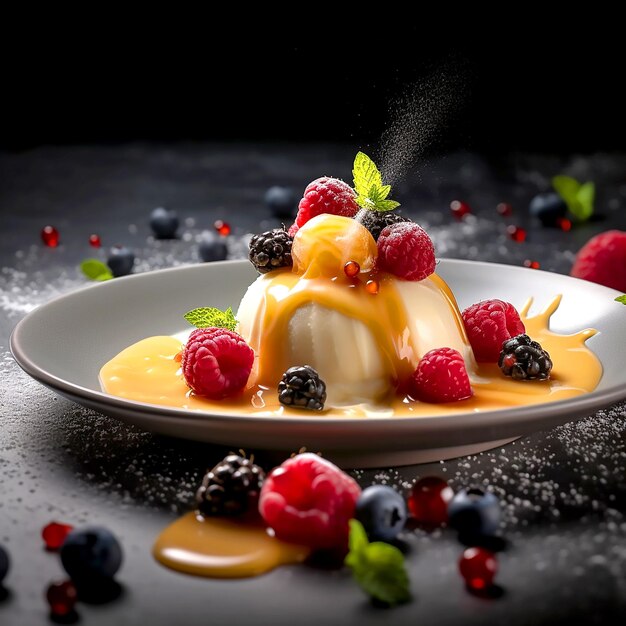 Köstliches kaltes Eis mit Vanillefluss und Früchten auf einem Teller auf dunklem Hintergrund