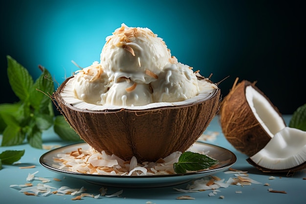 Köstliches Kokosnusseis, serviert in natürlichen Kokosnussschalen. Generative Ai