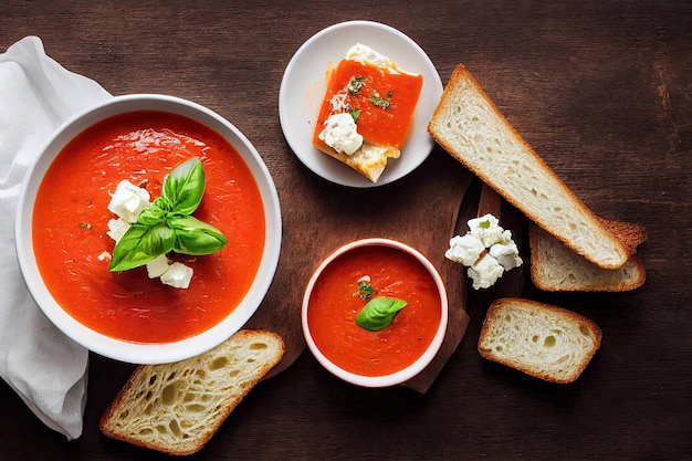 Köstliches Mittagessen mit Teller Gazpacho-Suppe und Toast