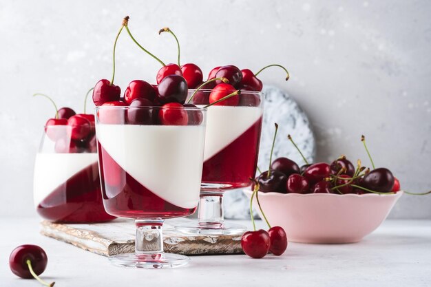 Köstliches Panna Cotta Sommerdessert mit Kirschen und Kirschgelee