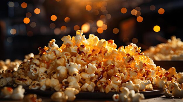 Foto köstliches popcorn auf dem tisch mit unscharfem hintergrund