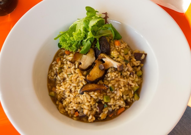 Köstliches Risotto mit Pilzen und Kopfsalat auf weißer Platte von oben. Leckeres vegetarisches Gericht