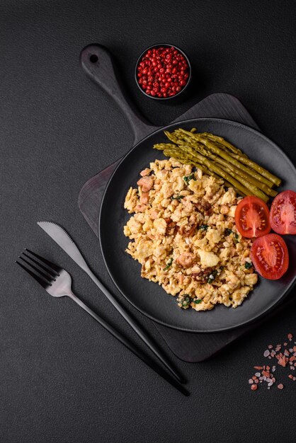 Köstliches Rührei mit Lachs, sonnengetrockneten Tomaten, Spinat, Gewürzen und Kräutern