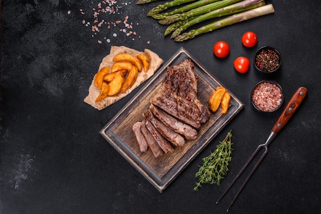 Köstliches saftiges frisches Rindersteak mit Gewürzen und Kräutern auf dunklem Betonhintergrund. Grillgerichte