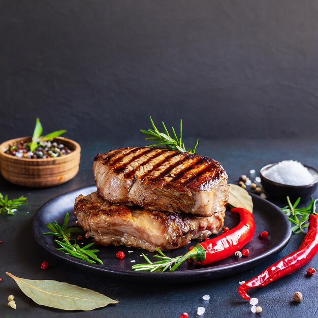 köstliches saftiges gegrilltes Rindfleischsteak mit Gewürzen, Pfeffer und Gemüse auf der dunklen Holzoberfläche