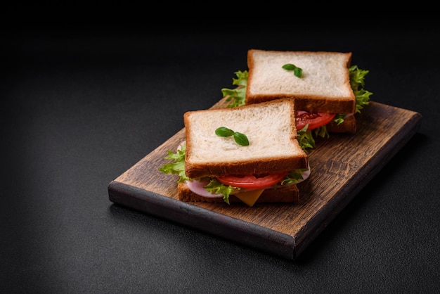 Köstliches Sandwich mit Toast, Schinken, Tomaten, Käse und Salat mit Salz, Gewürzen und Kräutern auf dunklem Betongrund