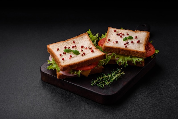 Köstliches Sandwich mit Toast, Schinken, Tomaten, Käse und Salat mit Salz, Gewürzen und Kräutern auf dunklem Betongrund