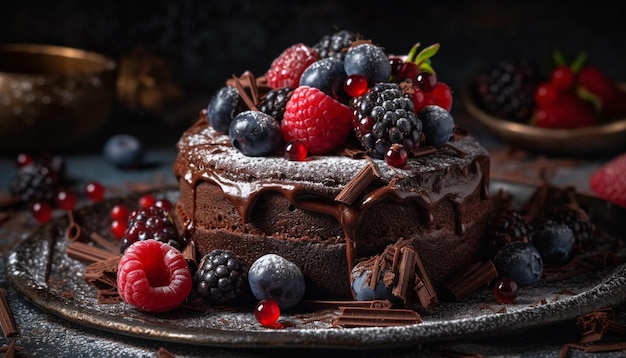 Köstliches Schokoladen-Beeren-Käsekuchenstück auf rustikalem Teller, generiert von KI