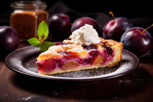 Köstliches Stück Kuchen mit Pflaumen-Dessert, Bäckerei, Gebäck, Torte, Kochen, Essen, Generieren Sie Ai