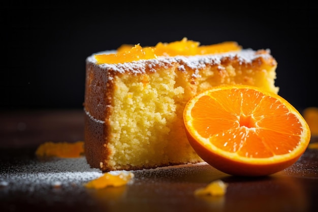 Köstliches Stück Orangenkuchen auf dunklem Hintergrund Hausgemachtes Bäckereikonzept