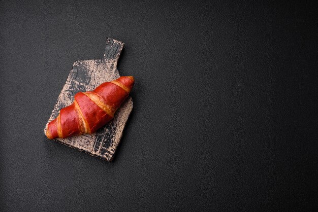 Köstliches süßes, knuspriges rotes Croissant mit Sahnefüllung auf dunklem, strukturiertem Betonhintergrund