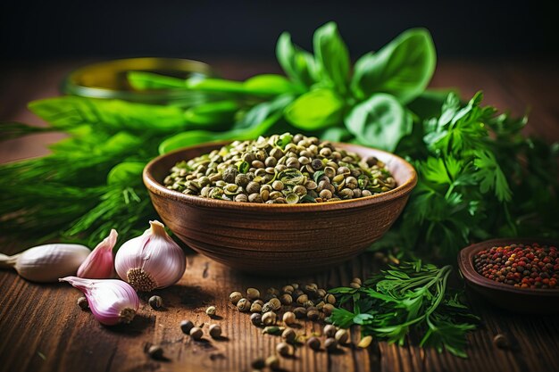 Köstliches veganes Linsen-Pilz-Medley, ein gesunder Genuss auf einem Vintage-Holztisch