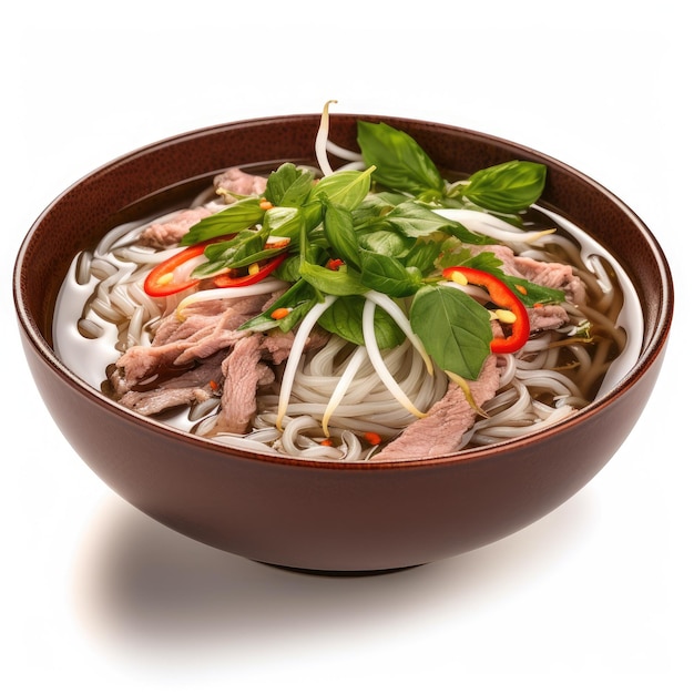 Köstliches vietnamesisches Pho mit Rindfleisch und Nudeln in einer Schüssel, perfekt für Restaurantmenüs und Food-Blogs. Generative KI