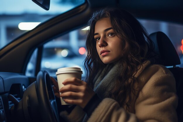 Koffeinhaltige Fahrt Eine junge Frau bekämpft die Schläfrigkeit am Steuer mit einer Tasse Kaffee