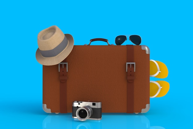 Koffer eines Reisenden mit Strohhut und Retro- Filmfotokamera, Wiedergabe 3D