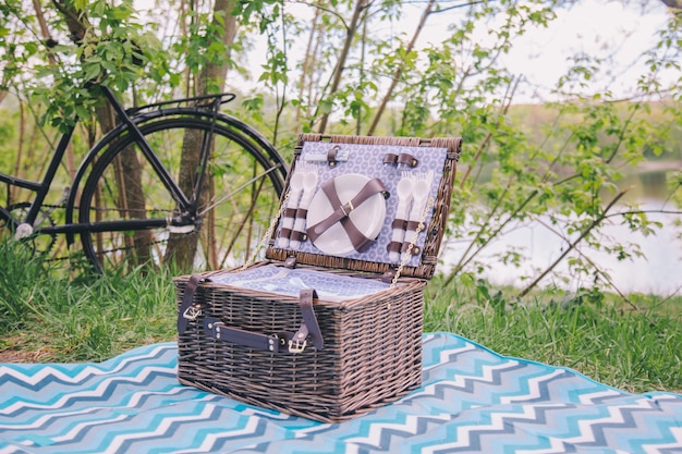 Koffer für Picknick mit Platten und Esszimmern Geräte kostet auf blauem Deckel