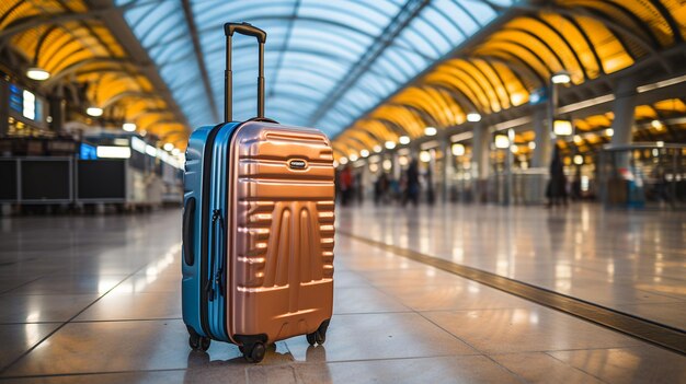 Koffer in der Abflughalle des Flughafens Flugzeug im Hintergrund Urlaubskonzept Reisender